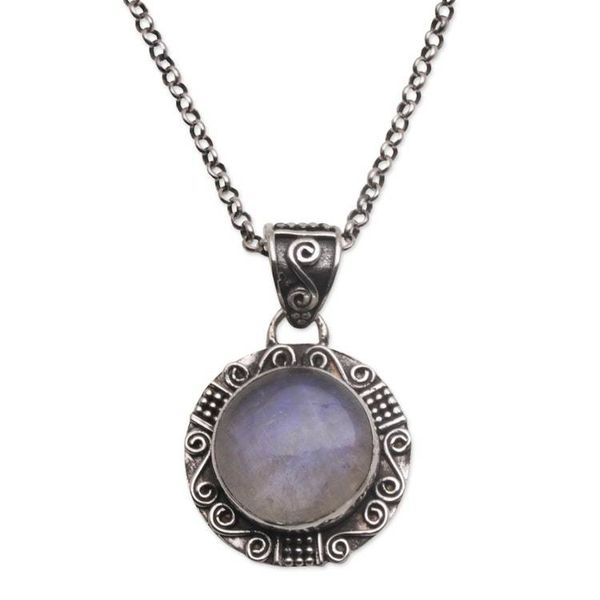 Alternate image for Rainbow Moonstone and Sterling Silver Necklace from Bali Temple Mirror
