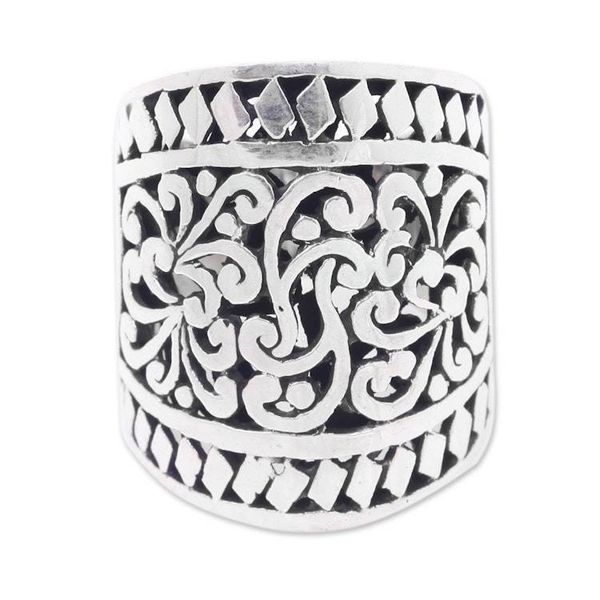 Alternate image for Wide Artisan Crafted Ornate Sterling Band Ring Sangeh Forest