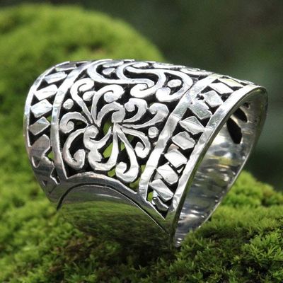 Alternate image for Wide Artisan Crafted Ornate Sterling Band Ring Sangeh Forest