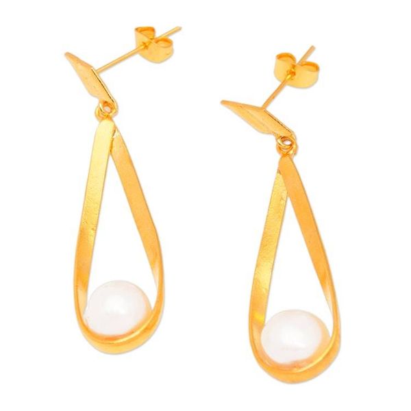 Alternate image for Polished 18k Gold-Plated Cultured Pearl Dangle Earrings Trendy Grace