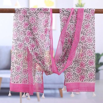 Primary image for Handcrafted Block-Printed Floral Pink and White Cotton Scarf Dulcet Passion