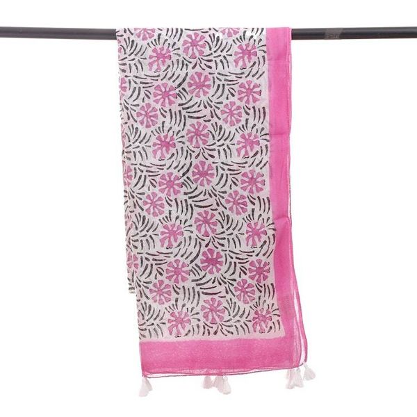 Alternate image for Handcrafted Block-Printed Floral Pink and White Cotton Scarf Dulcet Passion