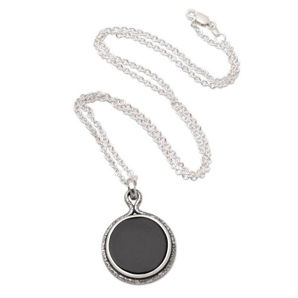 Alternate image for Handcrafted Sterling Silver and Onyx Pendant Necklace Circle Shadow