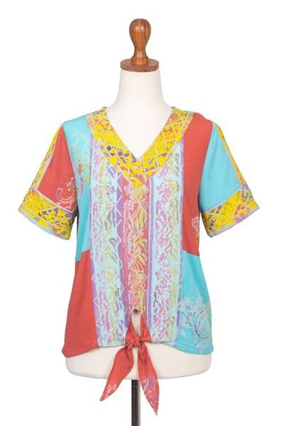 Alternate image for Tie-Front Short-Sleeved Rayon Blouse Bali Rainbow
