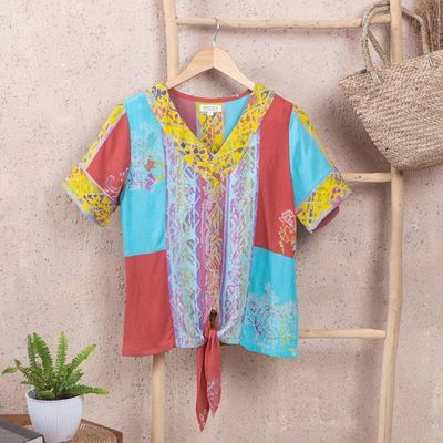 Alternate image for Tie-Front Short-Sleeved Rayon Blouse Bali Rainbow