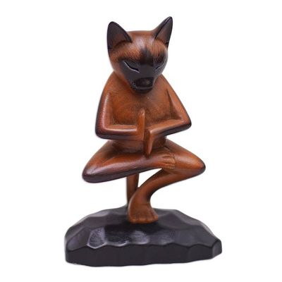 Alternate image for Hand Carved Suar Wood Figure of a Cat in Yoga Position Vrkasana Cat