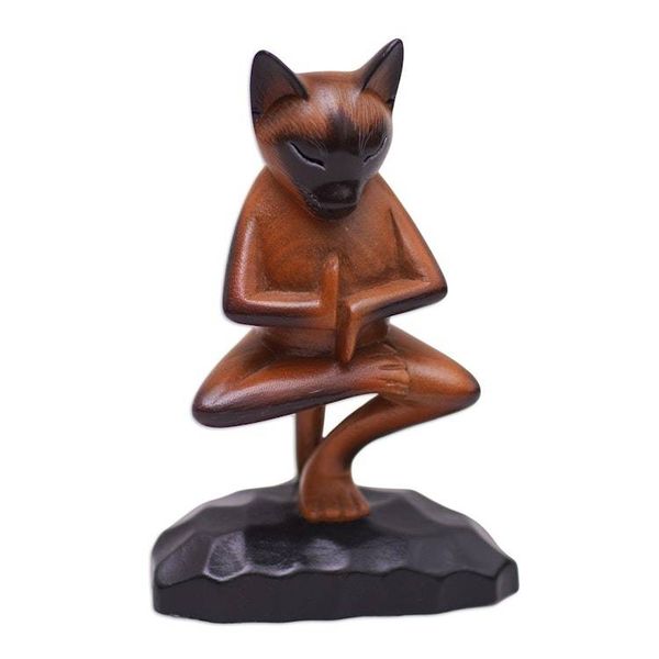 Alternate image for Hand Carved Suar Wood Figure of a Cat in Yoga Position Vrkasana Cat