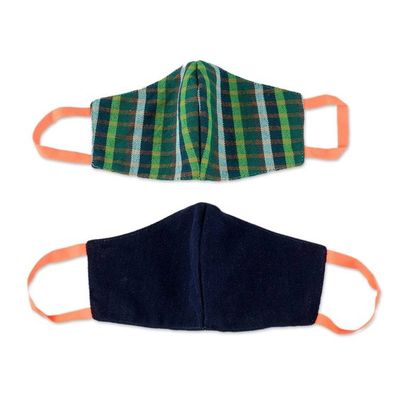 Alternate image for 2 Handwoven Cotton Masks in Green Check  Solid Blue Cheerful Squares