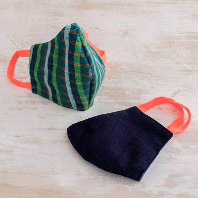 Alternate image for 2 Handwoven Cotton Masks in Green Check  Solid Blue Cheerful Squares