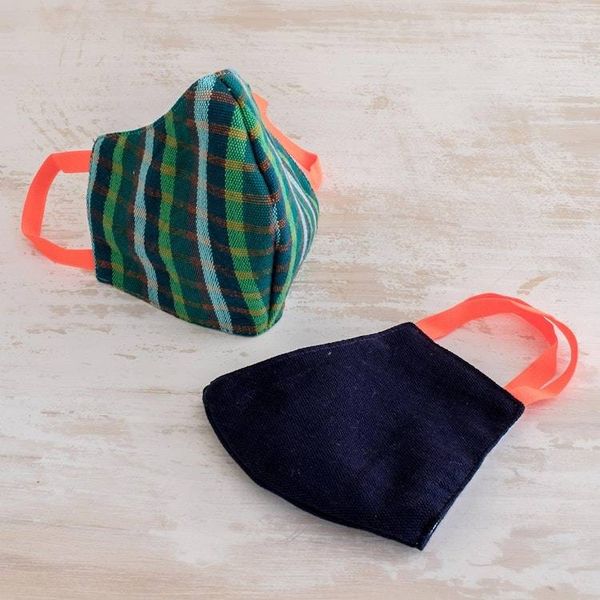 Alternate image for 2 Handwoven Cotton Masks in Green Check  Solid Blue Cheerful Squares