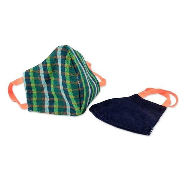 Alternate image for 2 Handwoven Cotton Masks in Green Check  Solid Blue Cheerful Squares