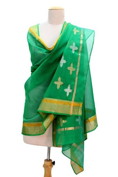 Primary image for Emerald Green Cotton and Silk Shawl with Golden Flowers Forever Emerald