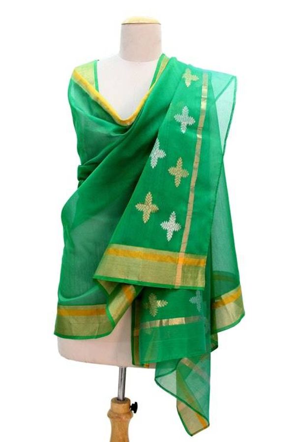Alternate image for Emerald Green Cotton and Silk Shawl with Golden Flowers Forever Emerald
