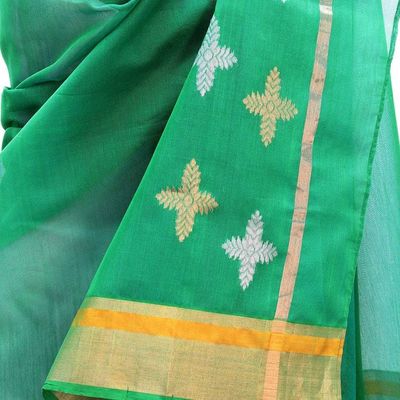 Alternate image for Emerald Green Cotton and Silk Shawl with Golden Flowers Forever Emerald