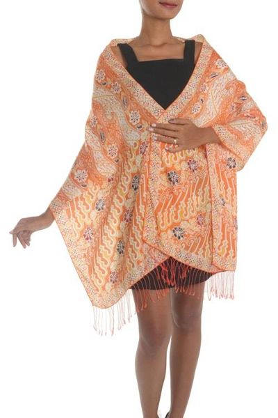 Primary image for Batik Silk Shawl with Floral Motifs in Tangerine from Bali Forest Waves in Tangerine