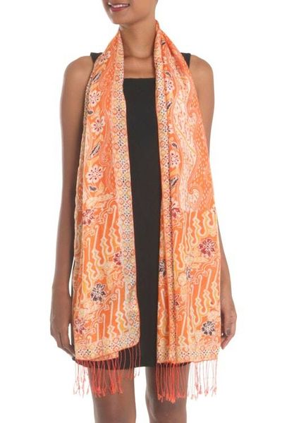 Alternate image for Batik Silk Shawl with Floral Motifs in Tangerine from Bali Forest Waves in Tangerine