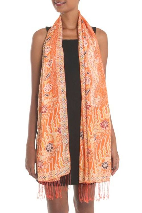Alternate image for Batik Silk Shawl with Floral Motifs in Tangerine from Bali Forest Waves in Tangerine