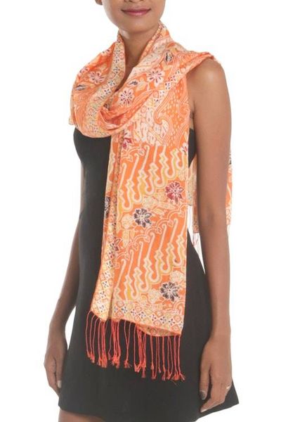 Alternate image for Batik Silk Shawl with Floral Motifs in Tangerine from Bali Forest Waves in Tangerine