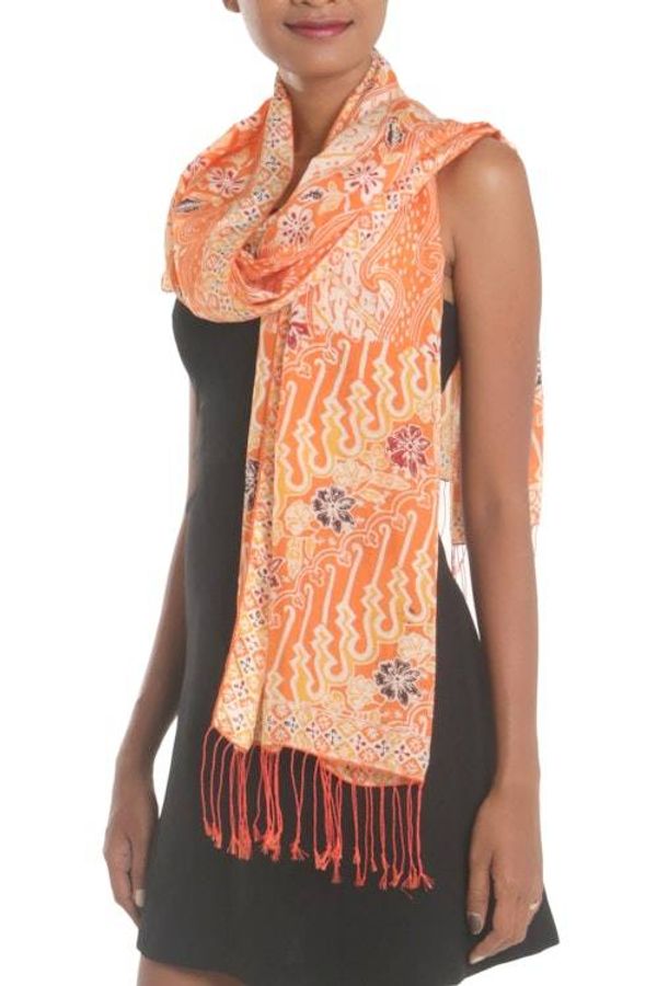 Alternate image for Batik Silk Shawl with Floral Motifs in Tangerine from Bali Forest Waves in Tangerine
