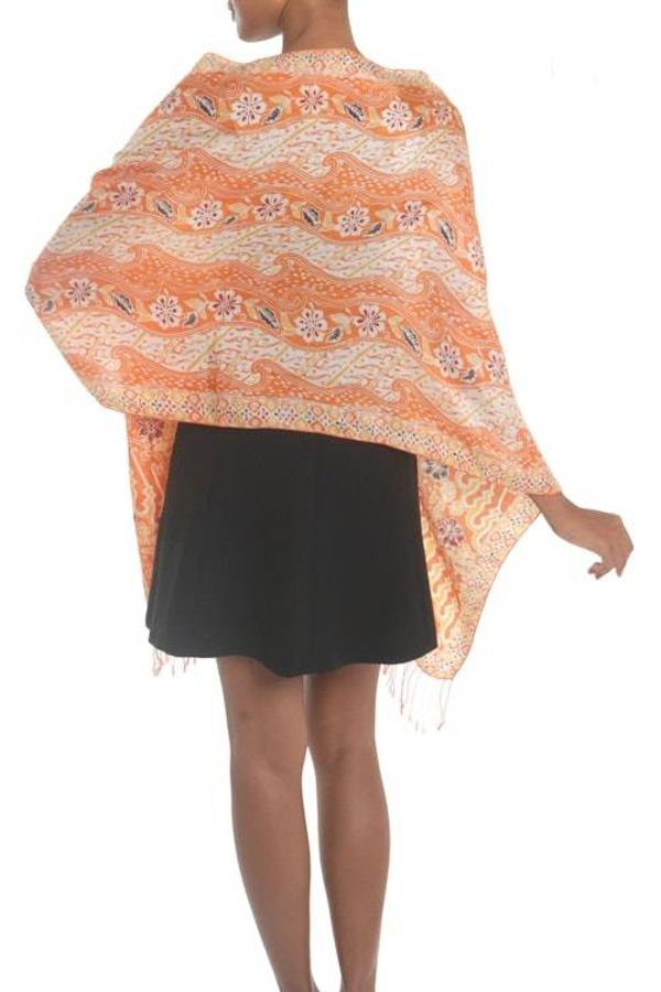 Alternate image for Batik Silk Shawl with Floral Motifs in Tangerine from Bali Forest Waves in Tangerine