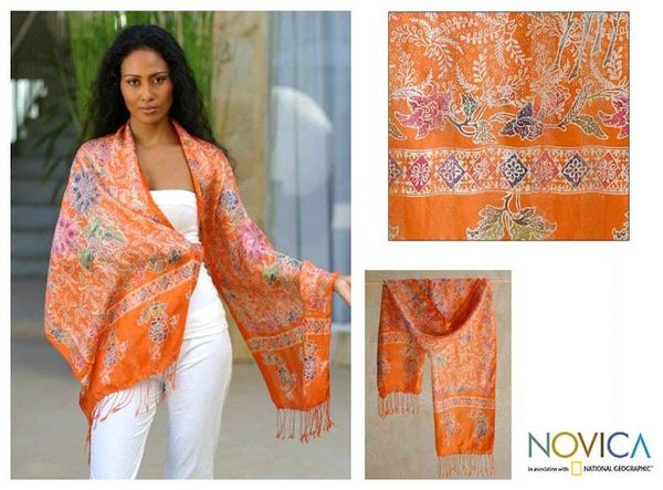 Alternate image for Handmade Orange Batik Shawl Wrap Carnelian Mums