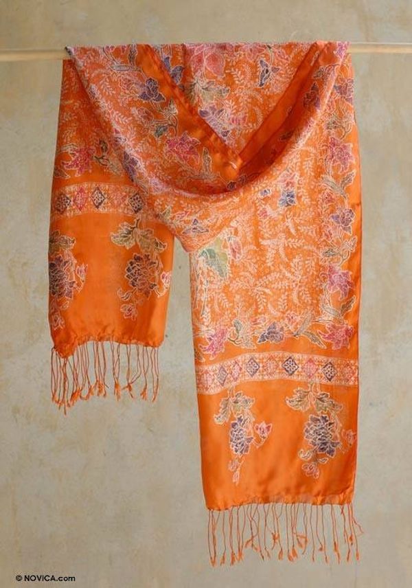Alternate image for Handmade Orange Batik Shawl Wrap Carnelian Mums