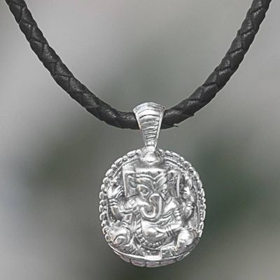 Primary image for Sterling Silver Ganesha Pendant Necklace with Leather Cord Meditating Ganesha