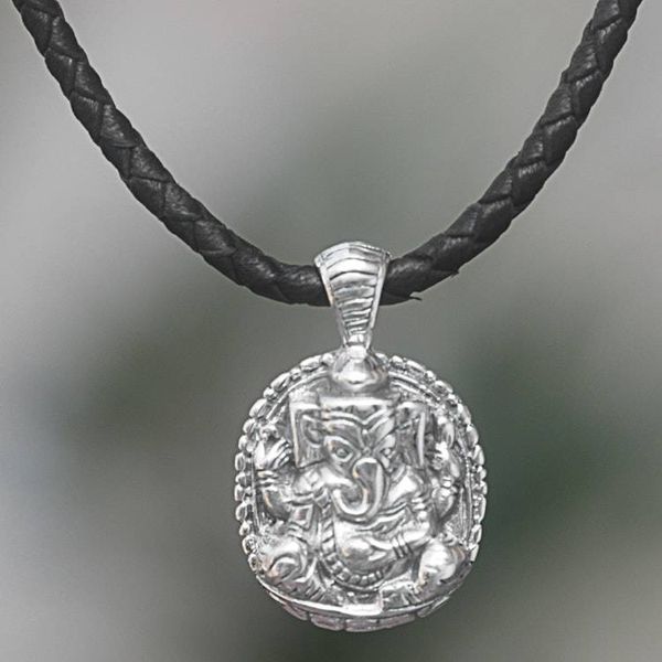 Alternate image for Sterling Silver Ganesha Pendant Necklace with Leather Cord Meditating Ganesha