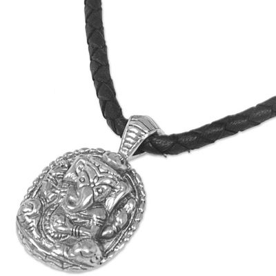 Alternate image for Sterling Silver Ganesha Pendant Necklace with Leather Cord Meditating Ganesha