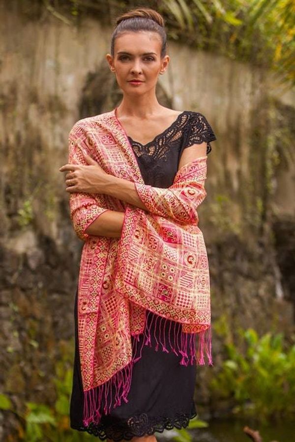 Alternate image for Pink Hand Dyed Batik Silk Shawl with Ceplok Motif from Java Ceplok Temple Fuchsia