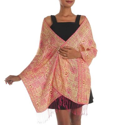Alternate image for Pink Hand Dyed Batik Silk Shawl with Ceplok Motif from Java Ceplok Temple Fuchsia