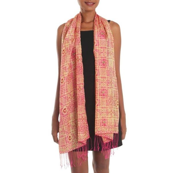 Alternate image for Pink Hand Dyed Batik Silk Shawl with Ceplok Motif from Java Ceplok Temple Fuchsia