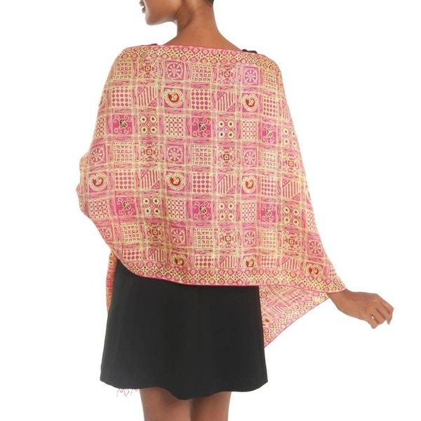 Alternate image for Pink Hand Dyed Batik Silk Shawl with Ceplok Motif from Java Ceplok Temple Fuchsia