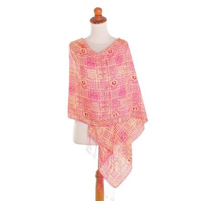 Alternate image for Pink Hand Dyed Batik Silk Shawl with Ceplok Motif from Java Ceplok Temple Fuchsia