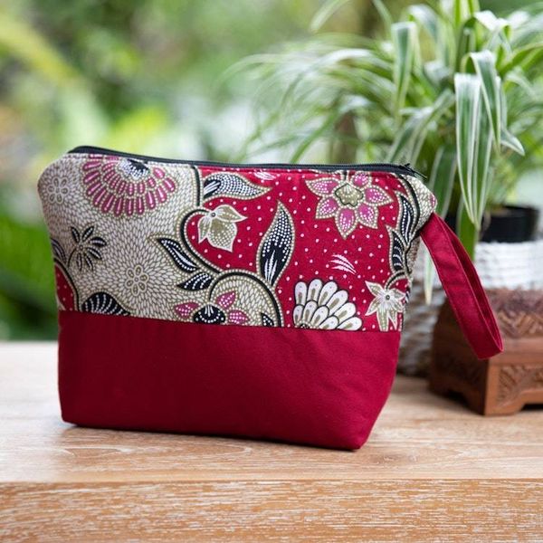 Alternate image for Handcrafted Cotton Cosmetic Bag in Red with Batik Pattern Flowering Red