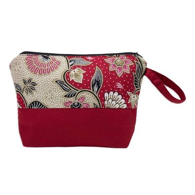Alternate image for Handcrafted Cotton Cosmetic Bag in Red with Batik Pattern Flowering Red