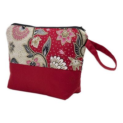 Alternate image for Handcrafted Cotton Cosmetic Bag in Red with Batik Pattern Flowering Red
