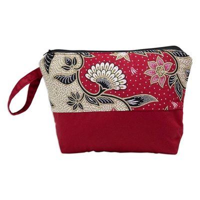 Alternate image for Handcrafted Cotton Cosmetic Bag in Red with Batik Pattern Flowering Red