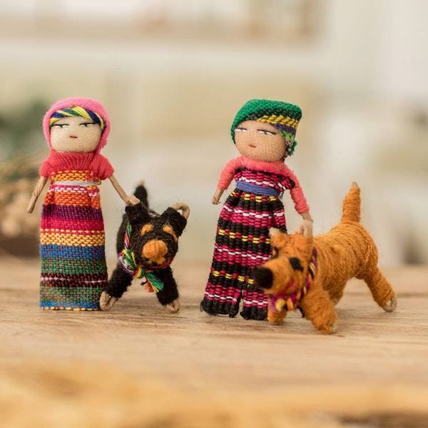 Alternate image for Set of 2 Handmade Cotton Worry Dolls and Dogs from Guatemala Loyal Companions