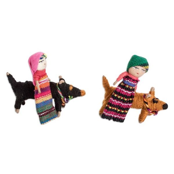Alternate image for Set of 2 Handmade Cotton Worry Dolls and Dogs from Guatemala Loyal Companions