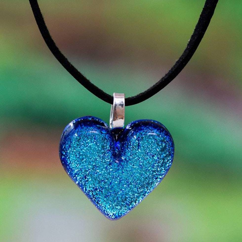 Metallic Blue Heart-Themed Dichroic Glass Pendant Necklace 'Heart of Azure'