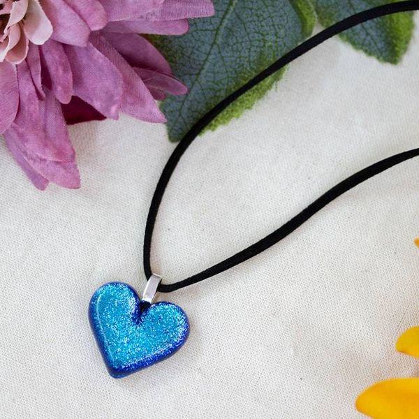 Alternate image for Metallic Blue Heart-Themed Dichroic Glass Pendant Necklace Heart of Azure