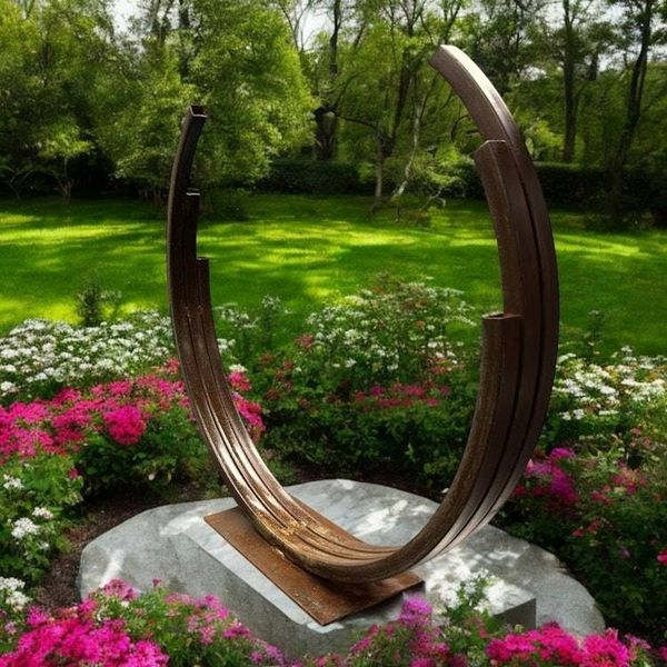 Alternate image for Modern Outdoor Metal Sculpture - Rusted Steel Garden Art - Large Curved Circle Yard Decor - Weathered Steel Statement Piece for Landscaping