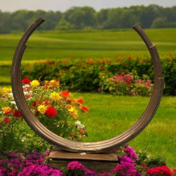 Alternate image for Modern Outdoor Metal Sculpture - Rusted Steel Garden Art - Large Curved Circle Yard Decor - Weathered Steel Statement Piece for Landscaping
