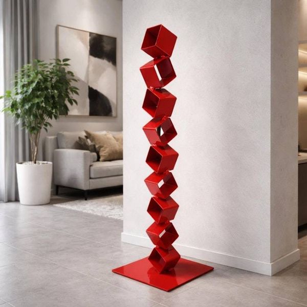 Alternate image for 48 Modern Red Metal Garden Sculpture | Contemporary Steel Yard Art | Geometric Outdoor Sculpture | Indoor Decor
