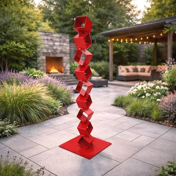 Alternate image for 48 Modern Red Metal Garden Sculpture | Contemporary Steel Yard Art | Geometric Outdoor Sculpture | Indoor Decor