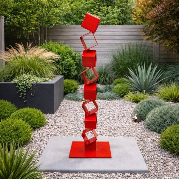 Alternate image for 48 Modern Red Metal Garden Sculpture | Contemporary Steel Yard Art | Geometric Outdoor Sculpture | Indoor Decor