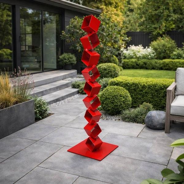 Alternate image for 48 Modern Red Metal Garden Sculpture | Contemporary Steel Yard Art | Geometric Outdoor Sculpture | Indoor Decor