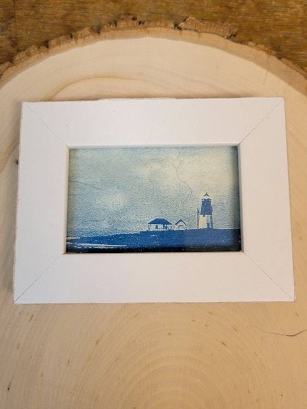 Alternate image for Handcrafted Cyanotype Point Judith Lighthouse Photograph in White Frame