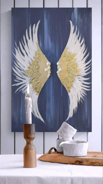 Alternate image for Glittering Hope | Original Angel Wings Canvas Painting | Gold Leaf White Wing Abstract Wall Art Modern Spiritual Artwork Living Room Decor